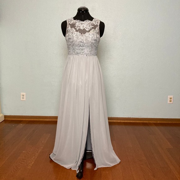A0 S Azazie Gray Lace illusion neck mesh backless Dress Formal Prom Slit belted - Picture 1 of 9